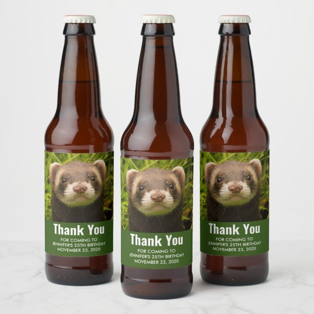 Cute Brown Ferret in the Grass Thank You Birthday Beer Bottle Label (Bottles)