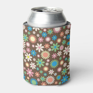 Cute Brown Flower Power Pattern Can Cooler
