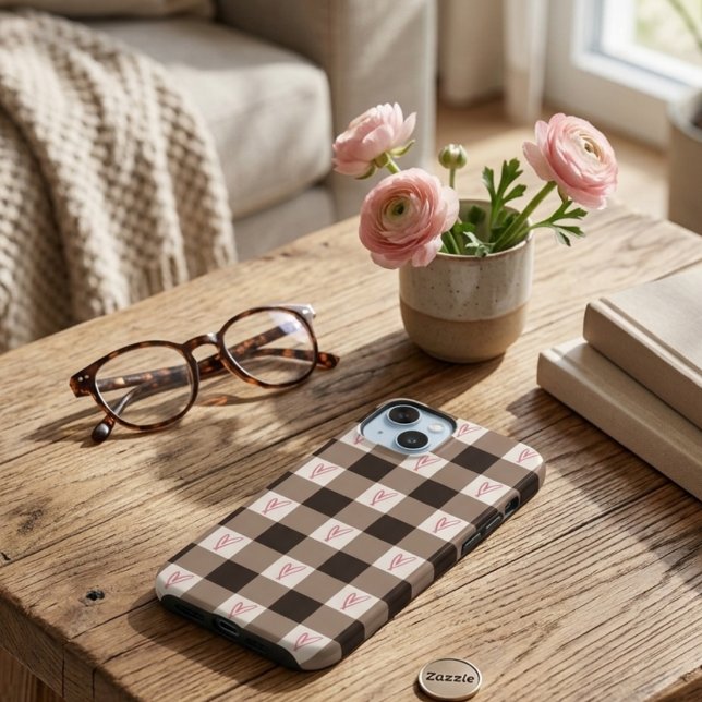 Cute Brown Gingham Plaid Hearts Pattern iPhone  Case-Mate iPhone Case (Creator Uploaded)