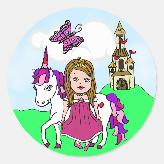 Cute Brown Haired Princess and Unicorn Castle Classic Round Sticker (Front)