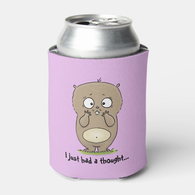 Cute brown hamster having a thought cartoon can cooler (Can Front)