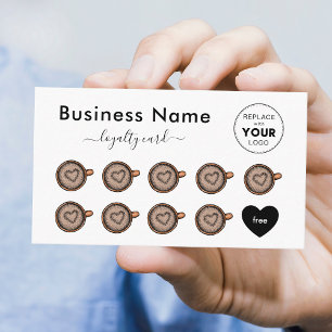 Cute Brown Heart Coffee Cups Add Your Logo Elegant Loyalty Card