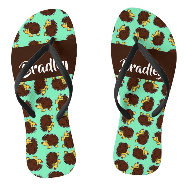Cute brown hedgehogs on blue jandals (Footbed)