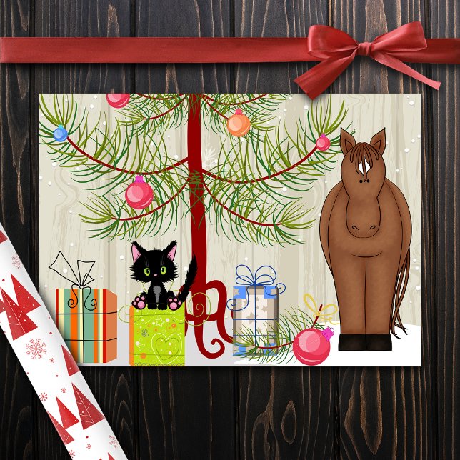 Cute Brown Horse and Kitten Barn Christmas Holiday Card (Creator Uploaded)