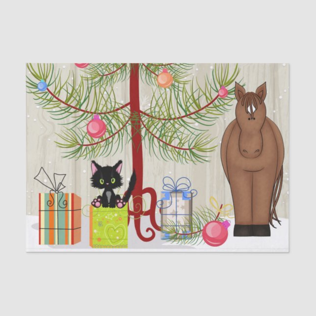 Cute Brown Horse and Kitten Barn Christmas Holiday Tissue Paper (Front)