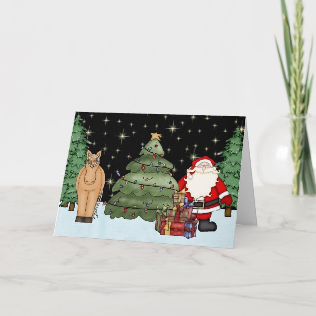 Cute Brown Horse and Santa Merry Christmas Holiday (Front)