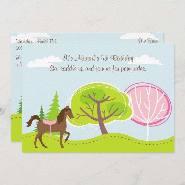 Cute Brown Horse and Trees Pony Rides Birthday Invitation (Front/Back)