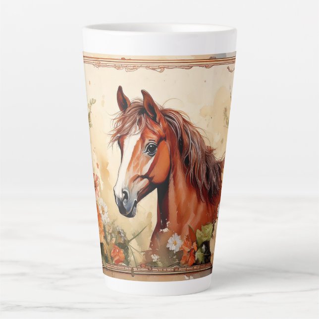Cute Brown Horse and Wildflowers Latte Mug (Front)