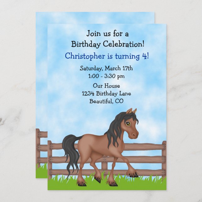 Cute Brown Horse Boys Birthday Party Invitation (Front/Back)