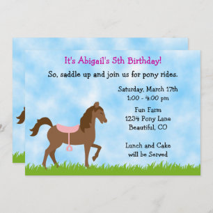 Cute Brown Horse, Pink Saddle Pony Party Birthday Invitation