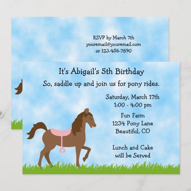 Cute Brown Horse Pony Rides Girls Birthday Invite (Front/Back)