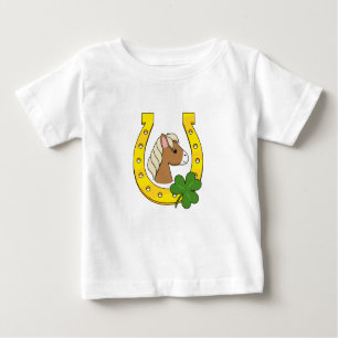 Cute Brown Horse w Golden Horse Shoe, Shamrock Baby T-Shirt
