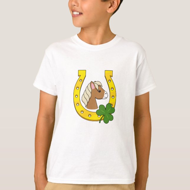 Cute Brown Horse w Golden Horse Shoe, Shamrock  T-Shirt (Front)
