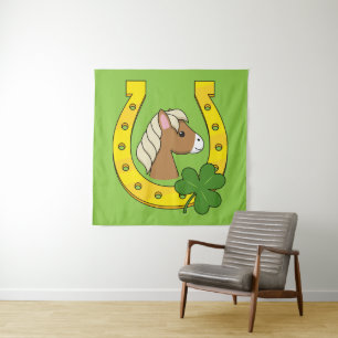 Cute Brown Horse w Golden Horse Shoe, Shamrock Tapestry