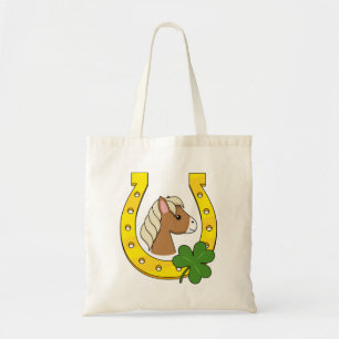 Cute Brown Horse w Golden Horse Shoe, Shamrock Tote Bag