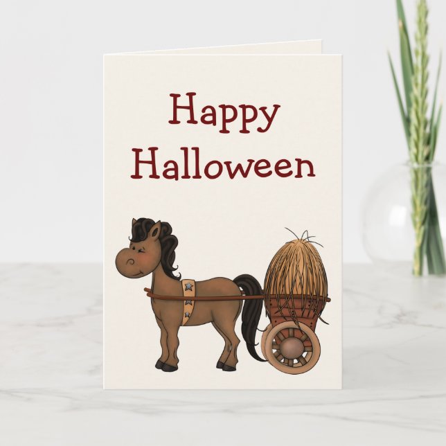 Cute Brown Horse with Hay Cart Happy Halloween Card (Front)
