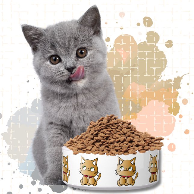 Cute Brown Kitten Cartoon Modern Personalised Cat Bowl (Creator Uploaded)