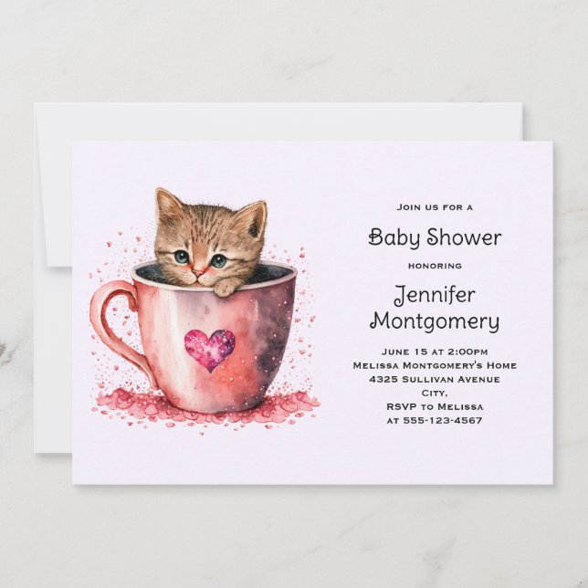 Cute Brown Kitten in a Teacup Baby Shower Invitation (Front)