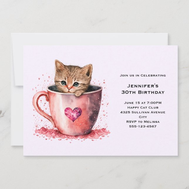 Cute Brown Kitten in a Teacup Birthday Invitation (Front)