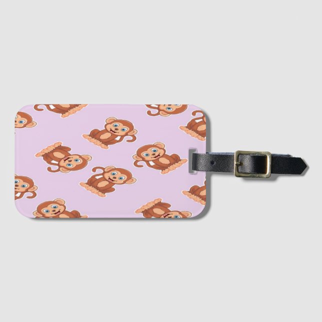 Cute brown monkey on purple luggage tag (Front Horizontal)