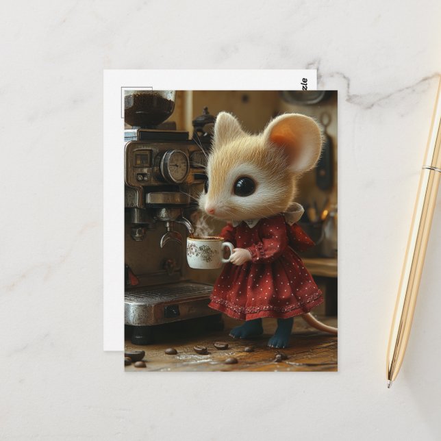 Cute Brown Mouse Makes Coffee Postcard (Front/Back In Situ)