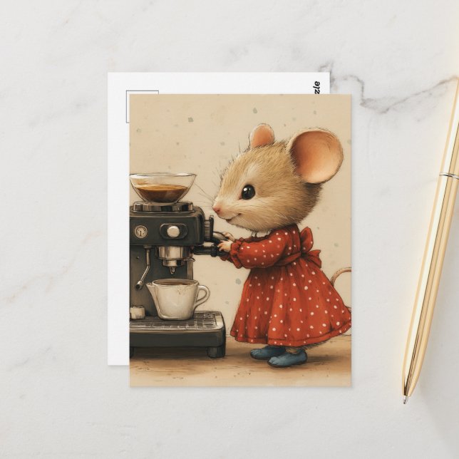 Cute Brown Mouse Makes Coffee Postcard (Front/Back In Situ)