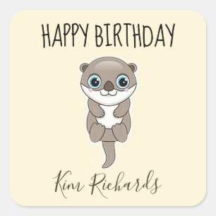 Cute brown otter cream birthday square sticker