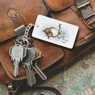Cute Brown Owl Blue Wildlife Whimsical Key Ring