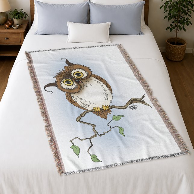 Cute Brown Owl Blue Wildlife Whimsical Throw Blanket (Creator Uploaded)
