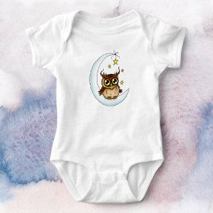 Cute Brown Owl Crescent Moon Stars Blue Baby Bodysuit