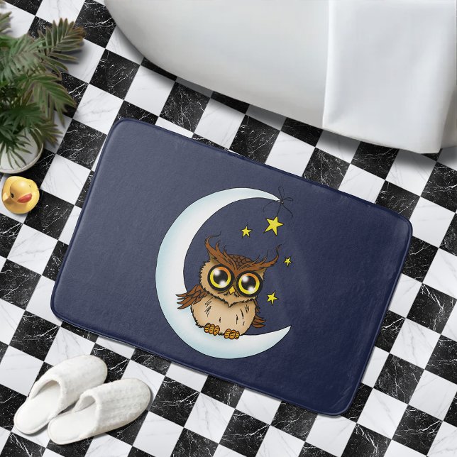 Cute Brown Owl Crescent Moon Stars Blue Bath Mat (Creator Uploaded)