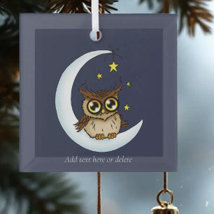 Cute Brown Owl Crescent Moon Stars Blue Glass Tree Decoration
