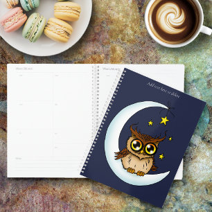 Cute Brown Owl Crescent Moon Stars Blue Planner