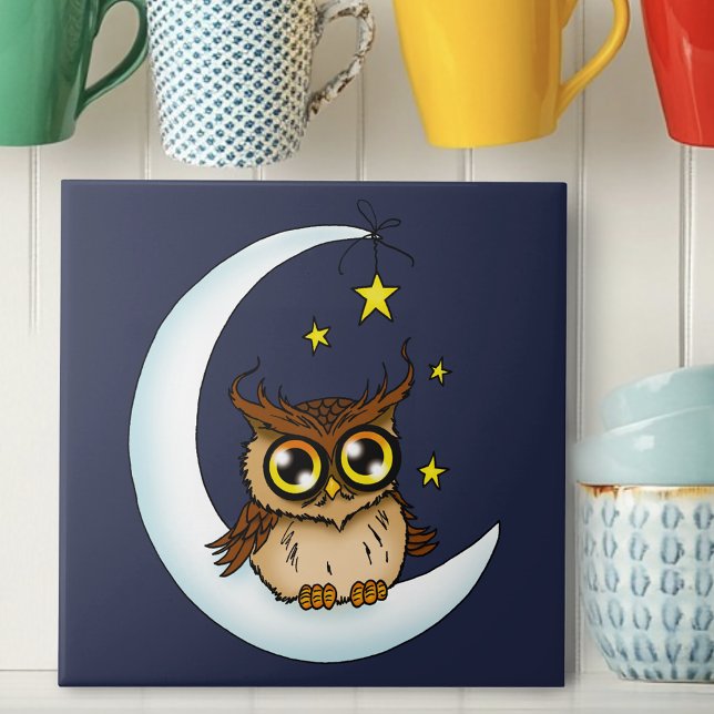 Cute Brown Owl Crescent Moon Stars Blue Tile (Creator Uploaded)