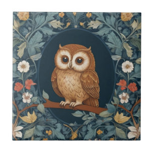 Cute Brown Owl Dark Blue Colourful Floral Flowers Tile