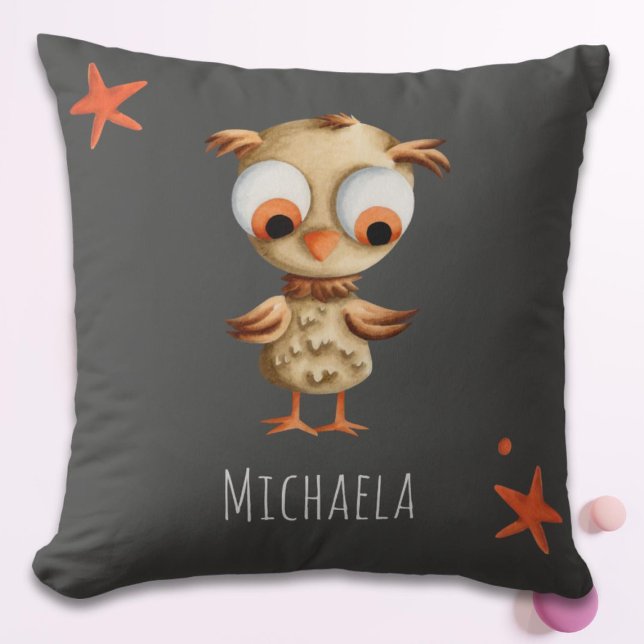 Cute Brown Owl Personalised Grey Nursery Cushion (Creator Uploaded)