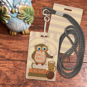Cute Brown Owl Student Hall Pass Badge with Name ID Badge