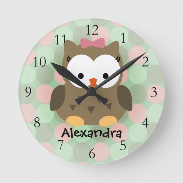Cute Brown Owl w/Pink Bow Round Clock (Front)