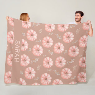 Cute Brown Peach Watercolor Pumpkin Fall Fleece Blanket