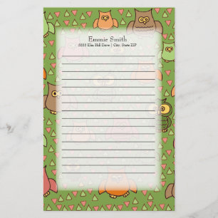 Cute Brown Pink Orange Owls on Green Stationery
