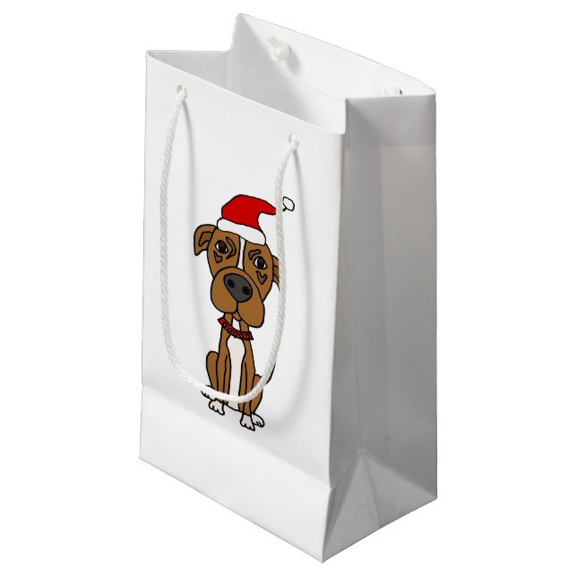 Cute Brown Pit bull in Santa hat Christmas Cartoon Small Gift Bag (Front Angled)