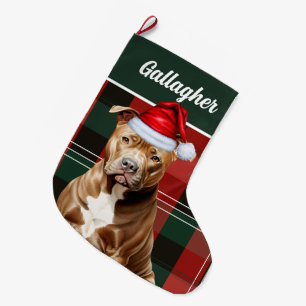 Cute Brown Pitbull Dog Red Green Plaid Custom Large Christmas Stocking