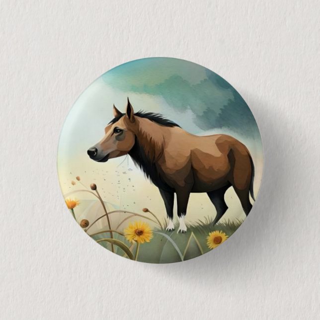 Cute brown pony in the floral field 3 cm round badge (Front)