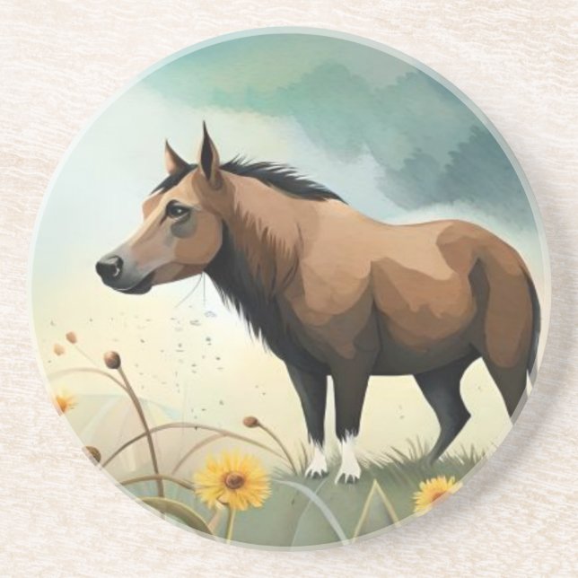 Cute brown pony in the floral field coaster (Front)