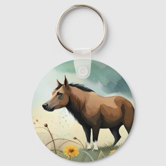 Cute brown pony in the floral field key ring (Front)
