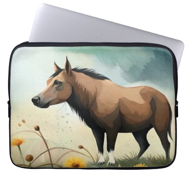 Cute brown pony in the floral field laptop sleeve (Front)