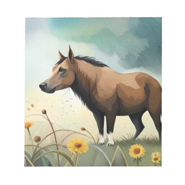 Cute brown pony in the floral field notepad (Front)