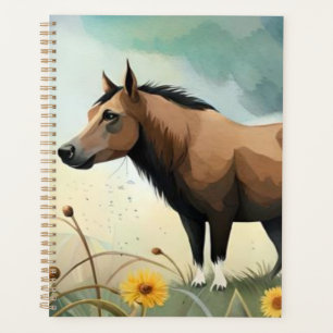 Cute brown pony in the floral field planner