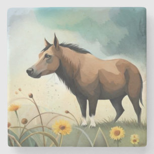 Cute brown pony in the floral field stone coaster