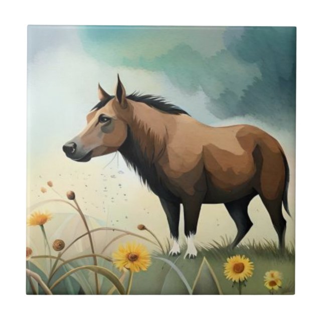 Cute brown pony in the floral field tile (Front)